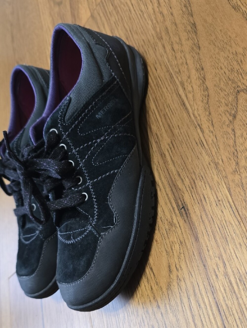 Merrell Women's Black Suede Sneakers with Purple Lining and Orange Insole - Picture 3 of 14